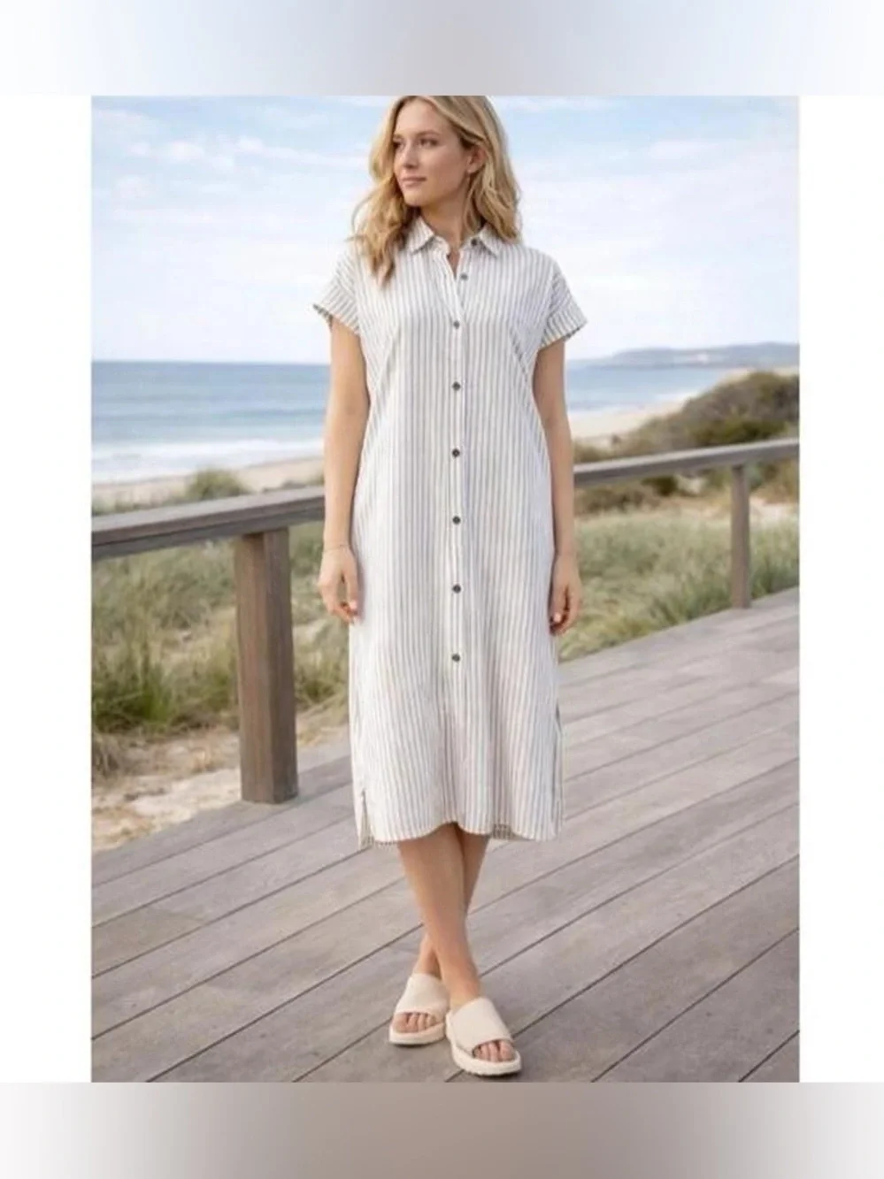 NWT Calia Black & White‎ Striped Button Down Linen Cover-Up Dress MEDIUM